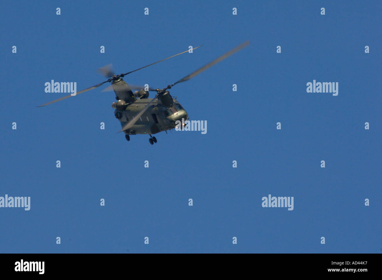 Un hélicoptère Chinook, voler dans un ciel bleu-clair. Banque D'Images