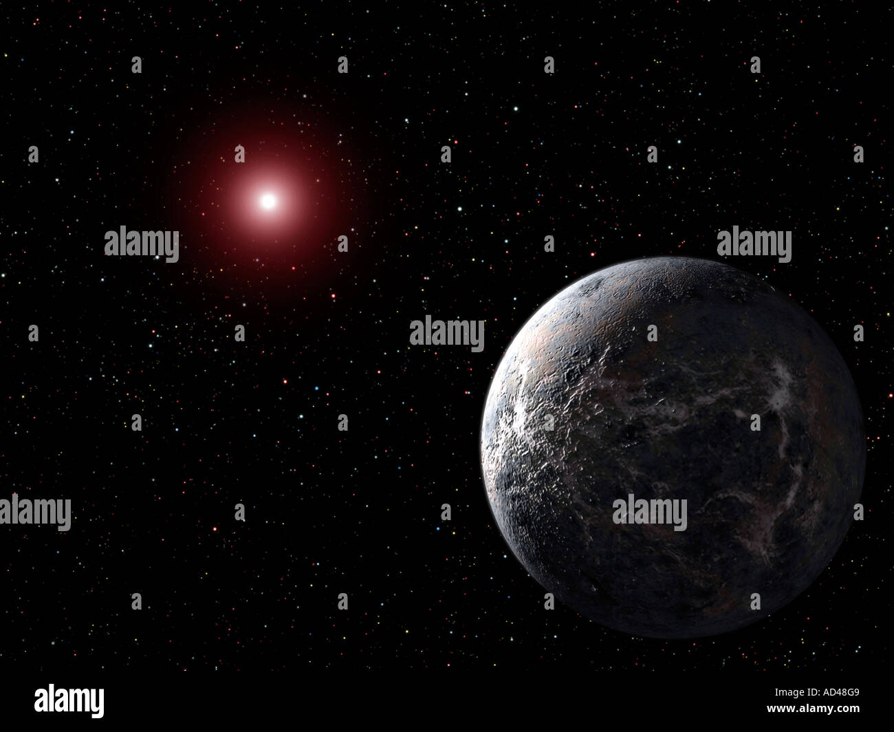 Cette illustration montre un artiste/glacées orbitant autour d'une planète rocheuse star dim. Banque D'Images