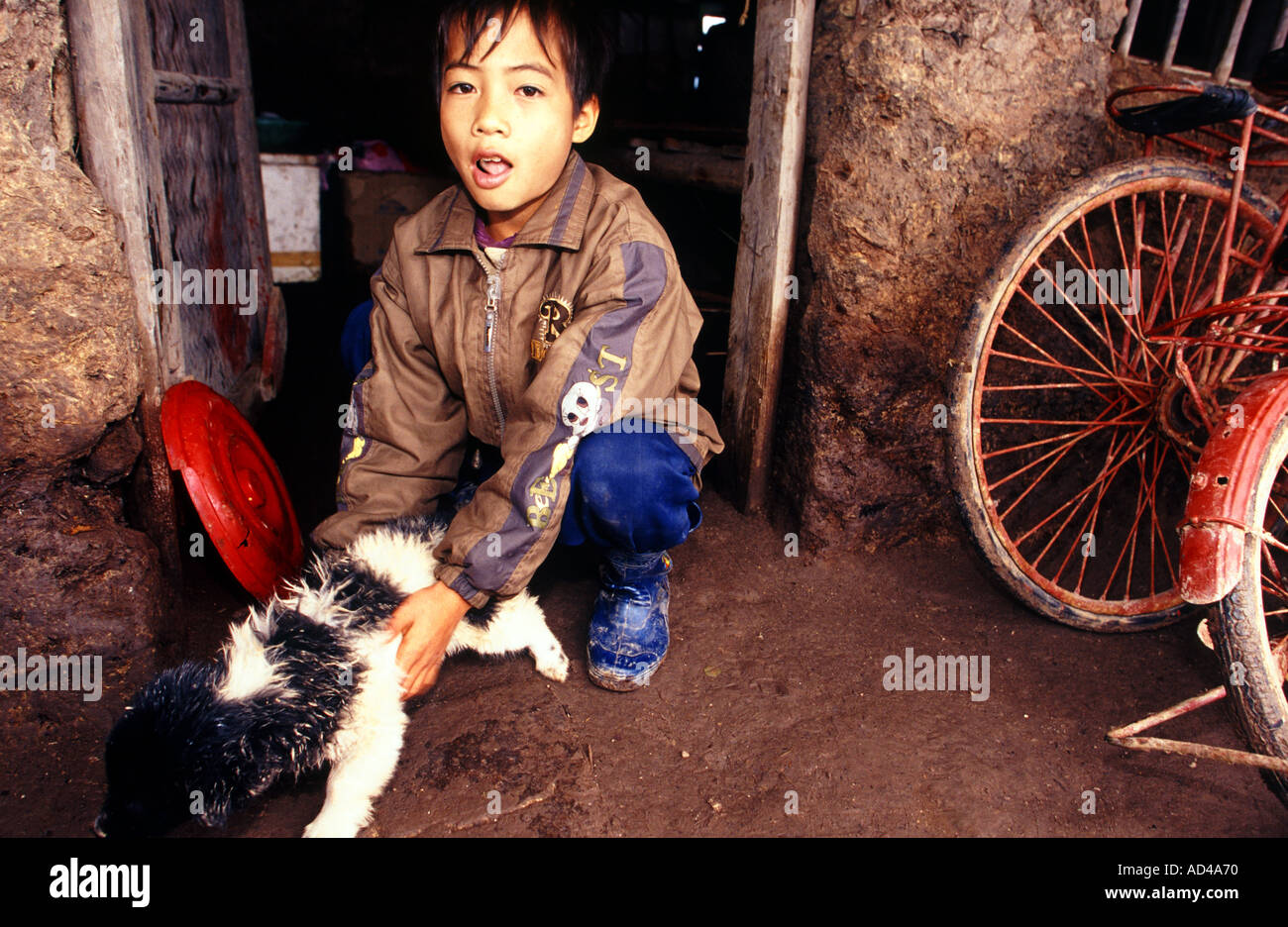 Un garçon vietnamien jouant avec un chiot sur une ferme du crabe au Vietnam Banque D'Images