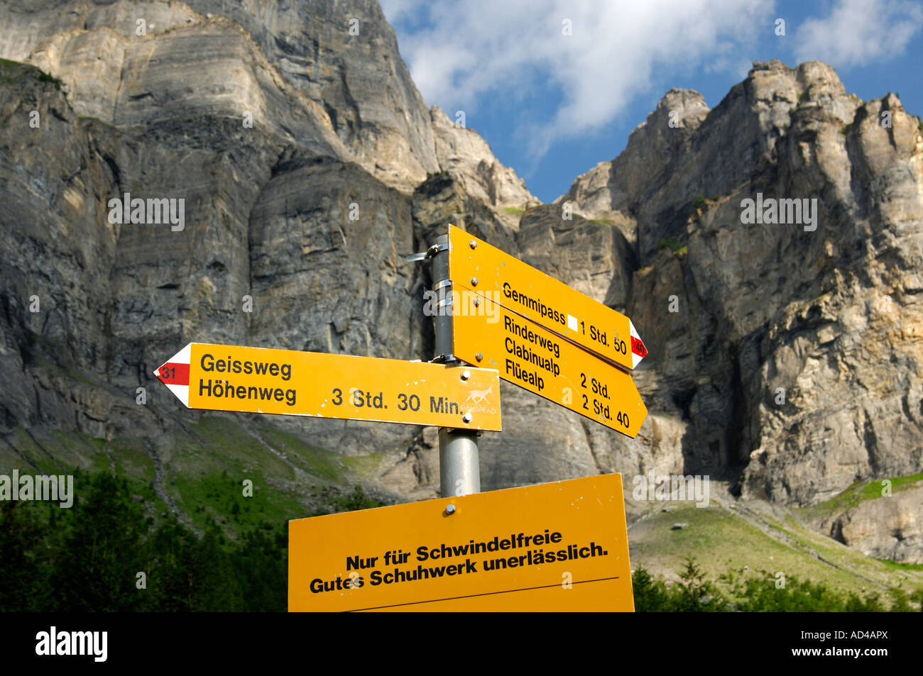 Trekking panneau à l'entrée de la Gemmi, Leukerbad, Loèche-les-Bains, Valais, Suisse Banque D'Images