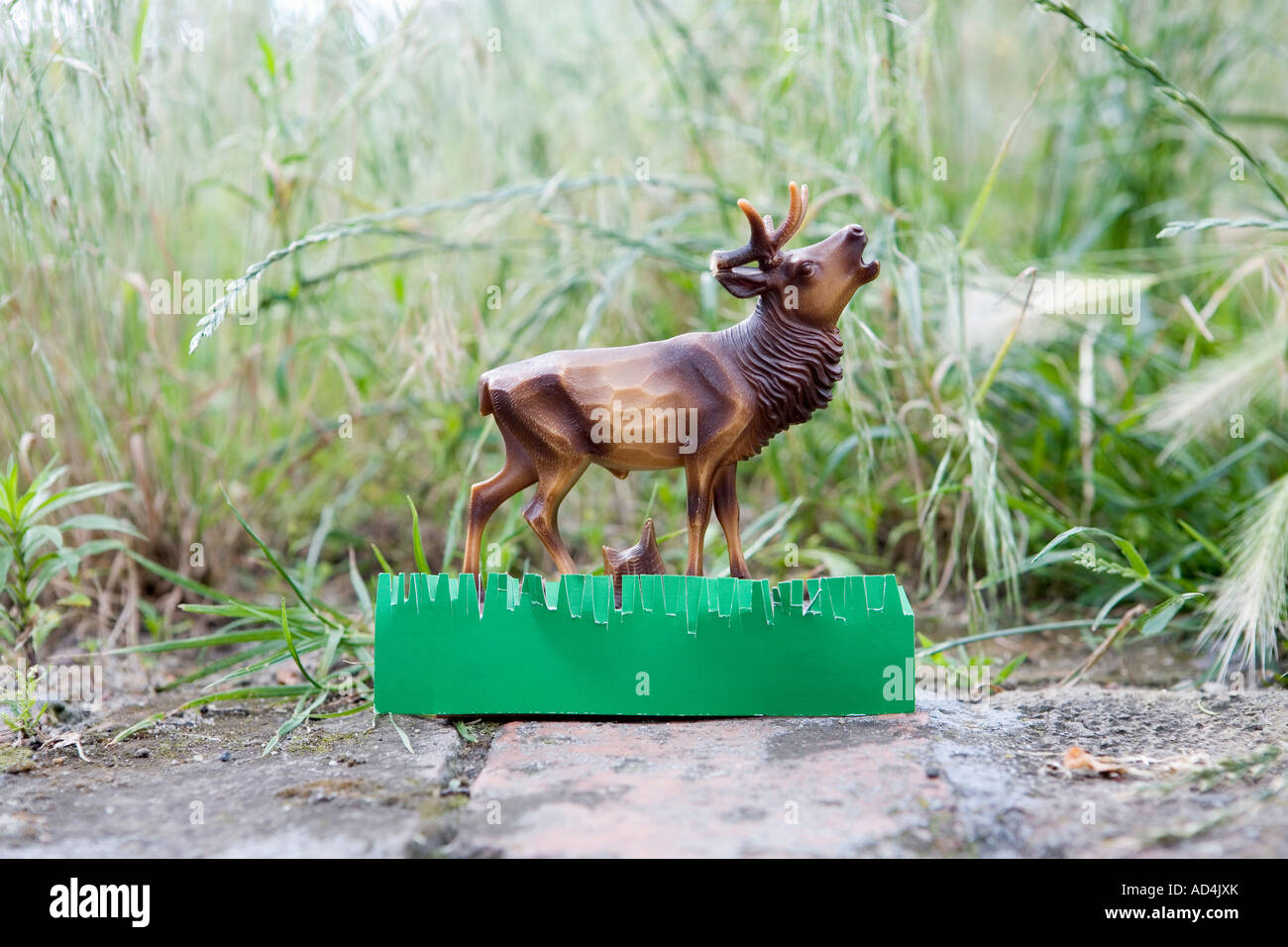 Une figurine en plastique de virginie sur un chemin de jardin Banque D'Images