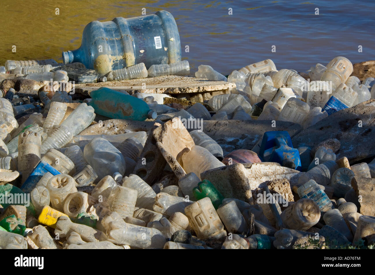 Pile de la pollution en plastique flottant dans l'Alamo River qui se jette dans la mer de Salton Imperial Valley en Californie Banque D'Images