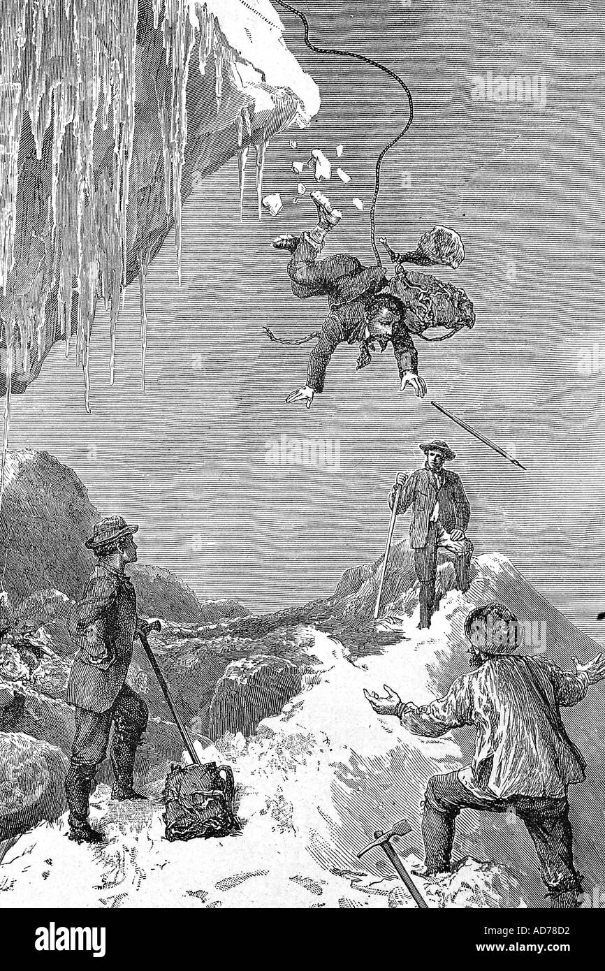 FRANCE ALPES EN HIVER xixème siècle GRAVURE HOMME TOMBANT DU GLACIER ENTRE ALPINISTES Banque D'Images