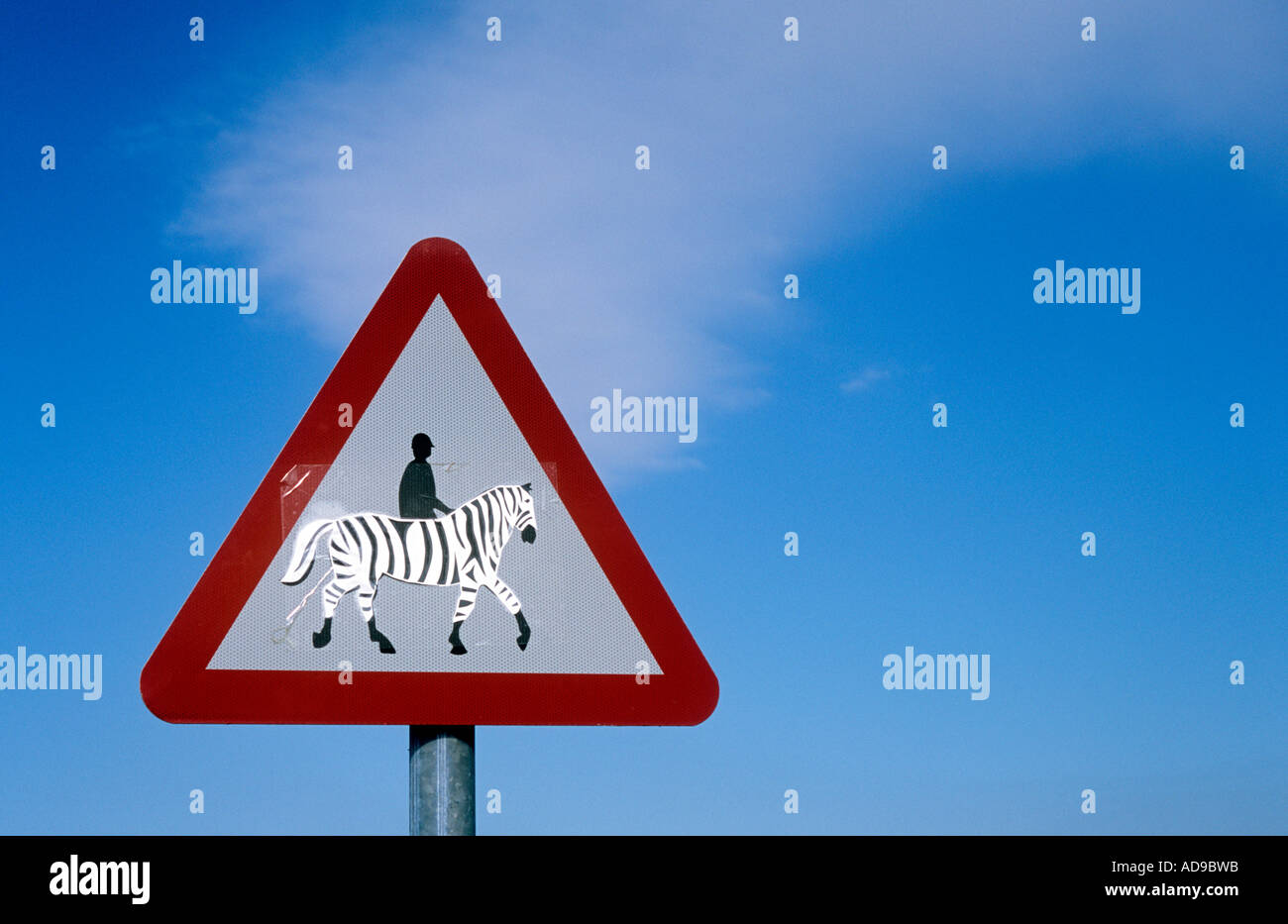 Horse Rider road sign avec zebra stripes Banque D'Images