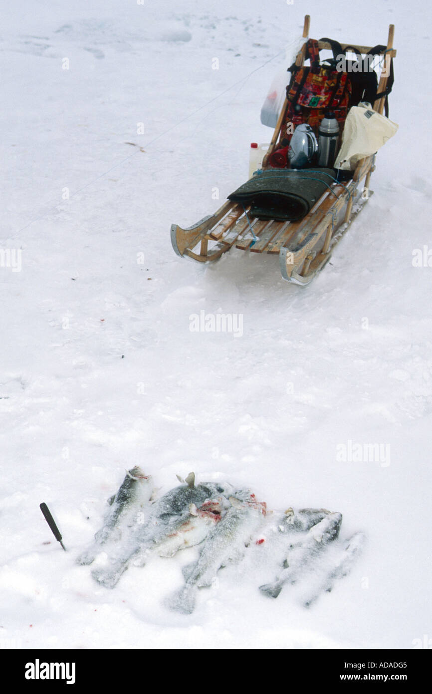 Des outils d'un pêcheur sur glace Kong Oscar Fjord, Groenland Banque D'Images