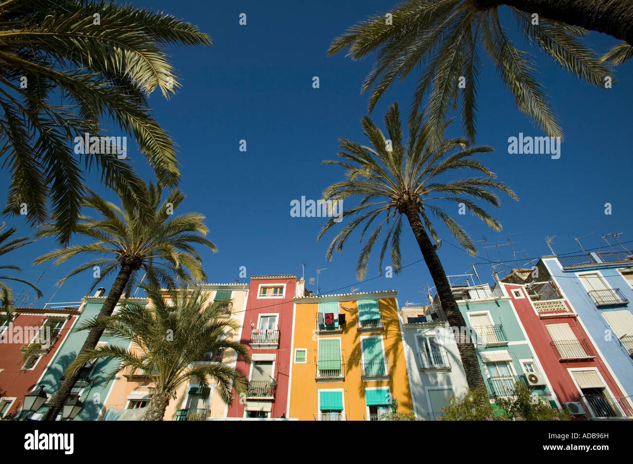 Les maisons de bord de mer pittoresque de Villajoyosa, Costa Blanca, Espagne Banque D'Images
