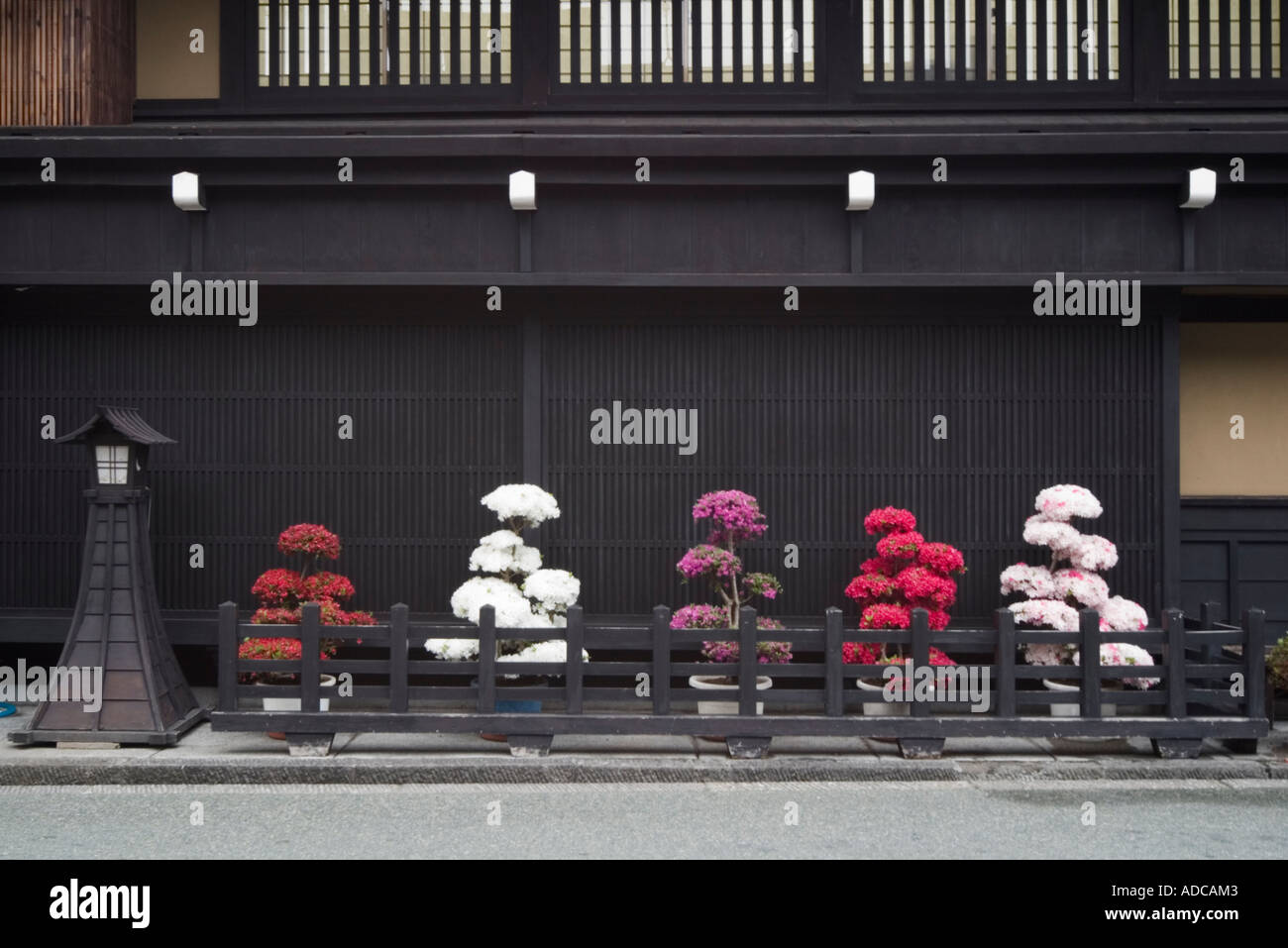 Plantes en pot en face d'un bâtiment traditionnel dans le quartier historique de Takayama Préfecture Gifu Japon Asie Banque D'Images