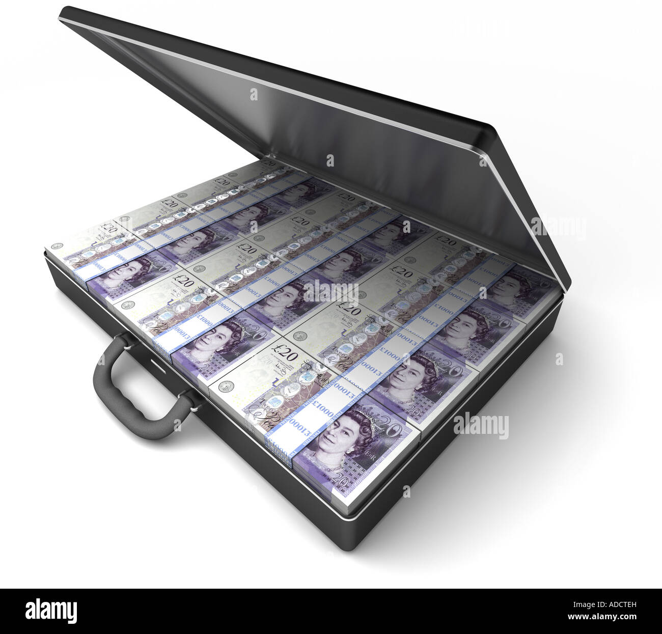 Un porte-documents rempli de billets de 20 livres sterling. Fond blanc. Banque D'Images