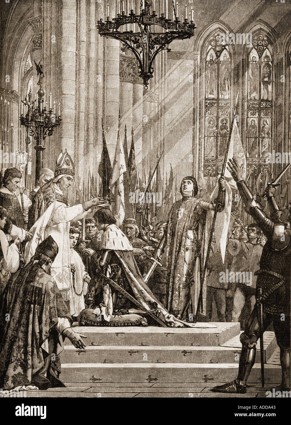 Jeanne d'Arc, 1412 -1431 au couronnement de Charles VII. À partir de la peinture murale par J E Lenefyeu Banque D'Images Jeanne d'Arc, 1412 -1431 au couronnement de Charles VII. À partir de la peinture murale par J E Lenefyeu Banque D'Images