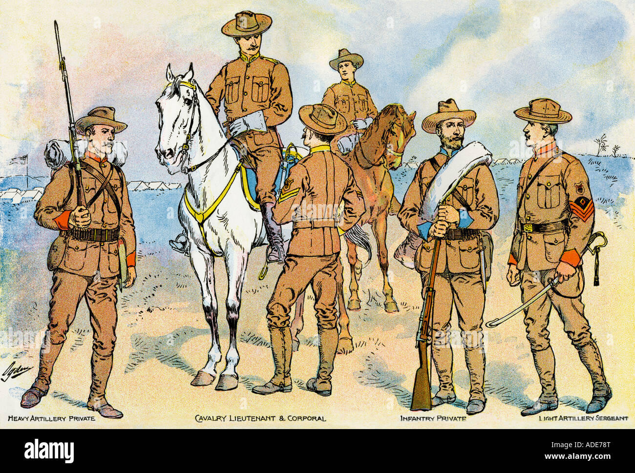 De nouveaux uniformes pour les troupes américaines au début de la guerre hispano-américaine 1898. Lithographie couleur Banque D'Images