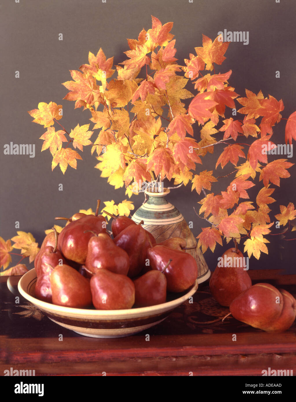 Saison d'automne de la vie toujours rapide illuminé avec des branches d'érable de vigne et les poires en poterie céramique raku magnifiquement tiré Banque D'Images