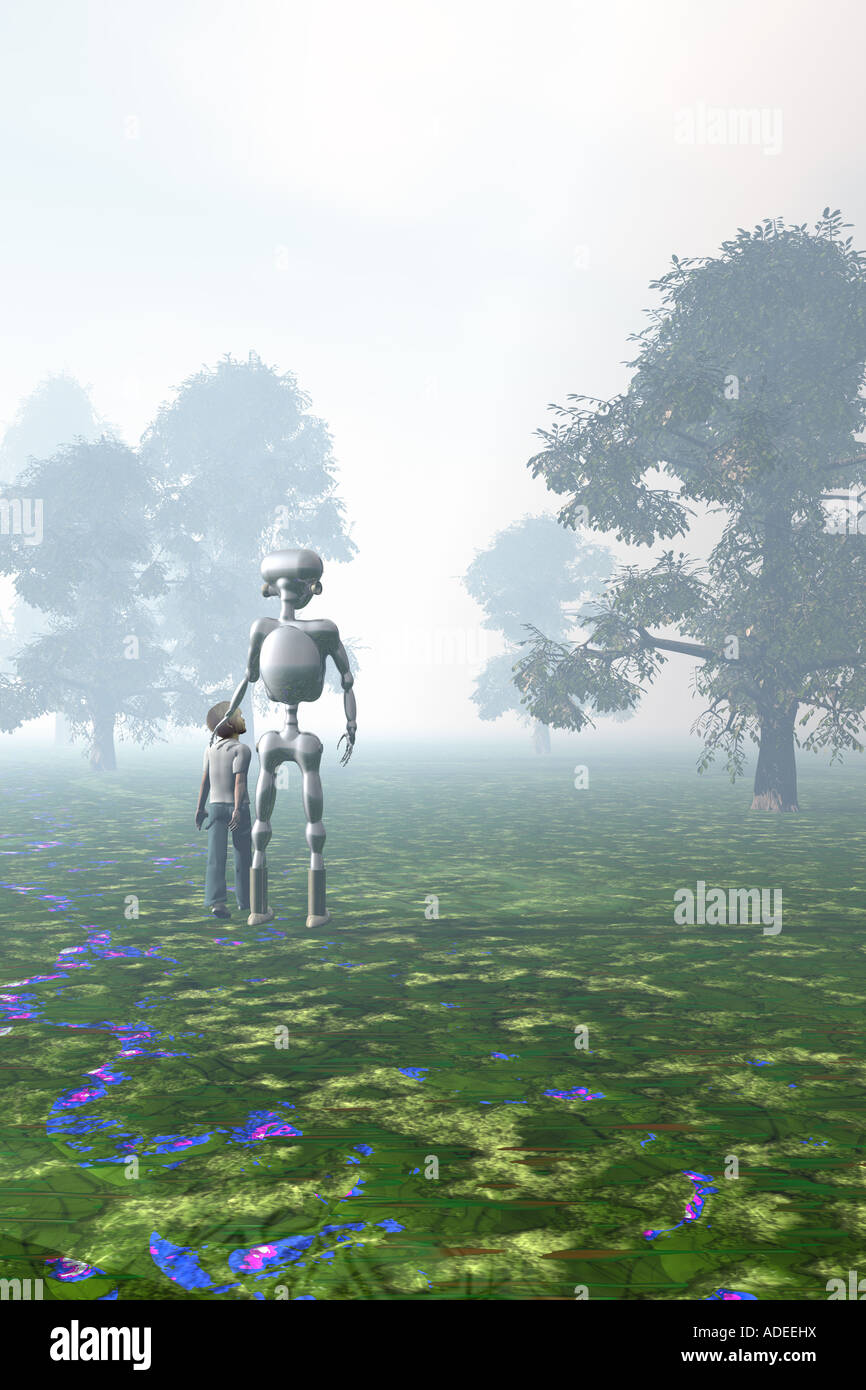 Un garçon et un robot. Banque D'Images