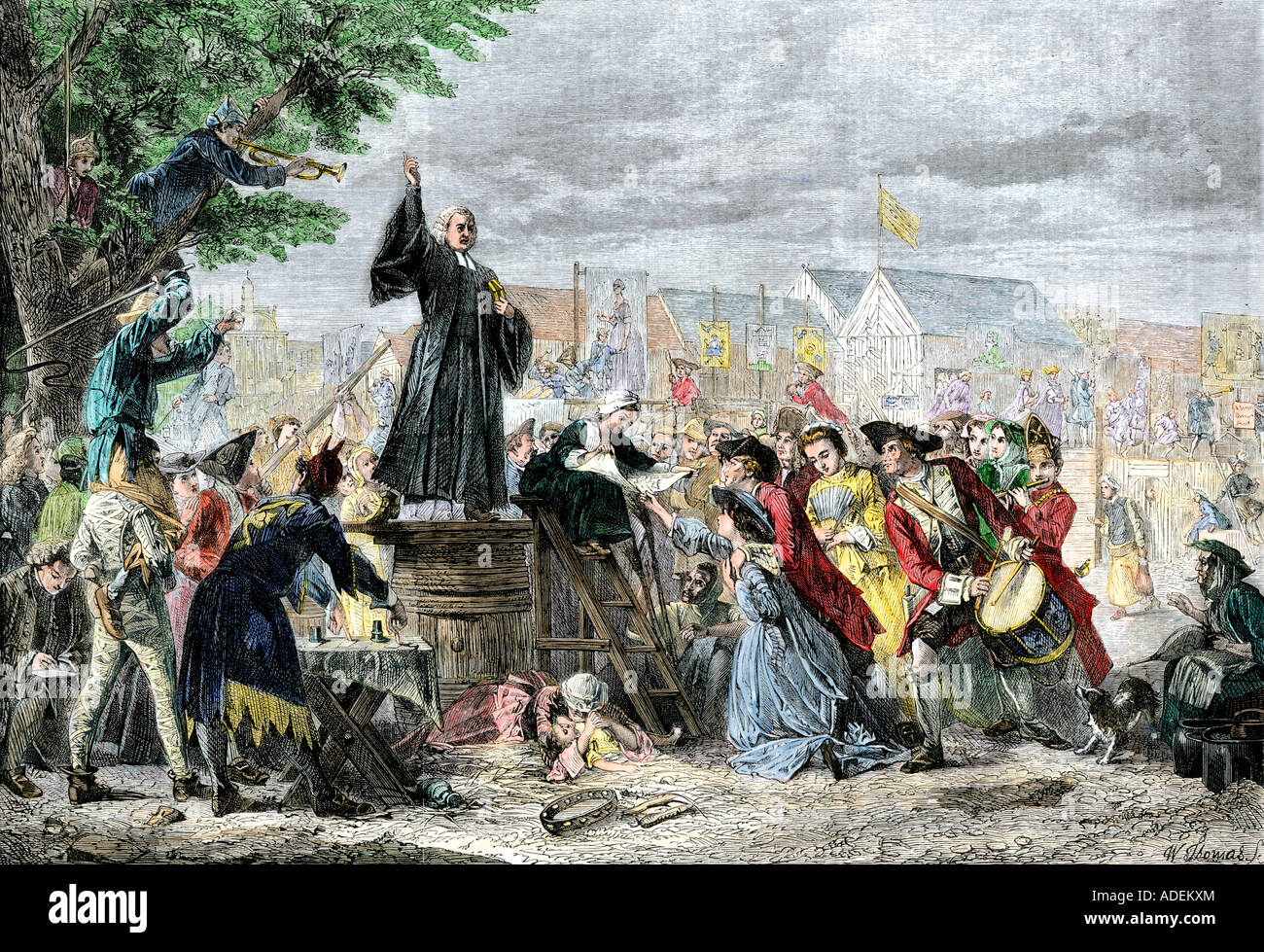 George Whitefield prêchait dans Moorfields London 1742. À la main, gravure sur bois Banque D'Images