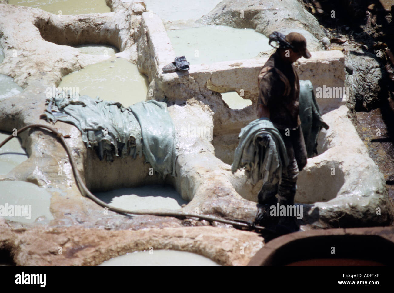 L'homme travaillant dans les tanneries, Fes, Maroc Banque D'Images