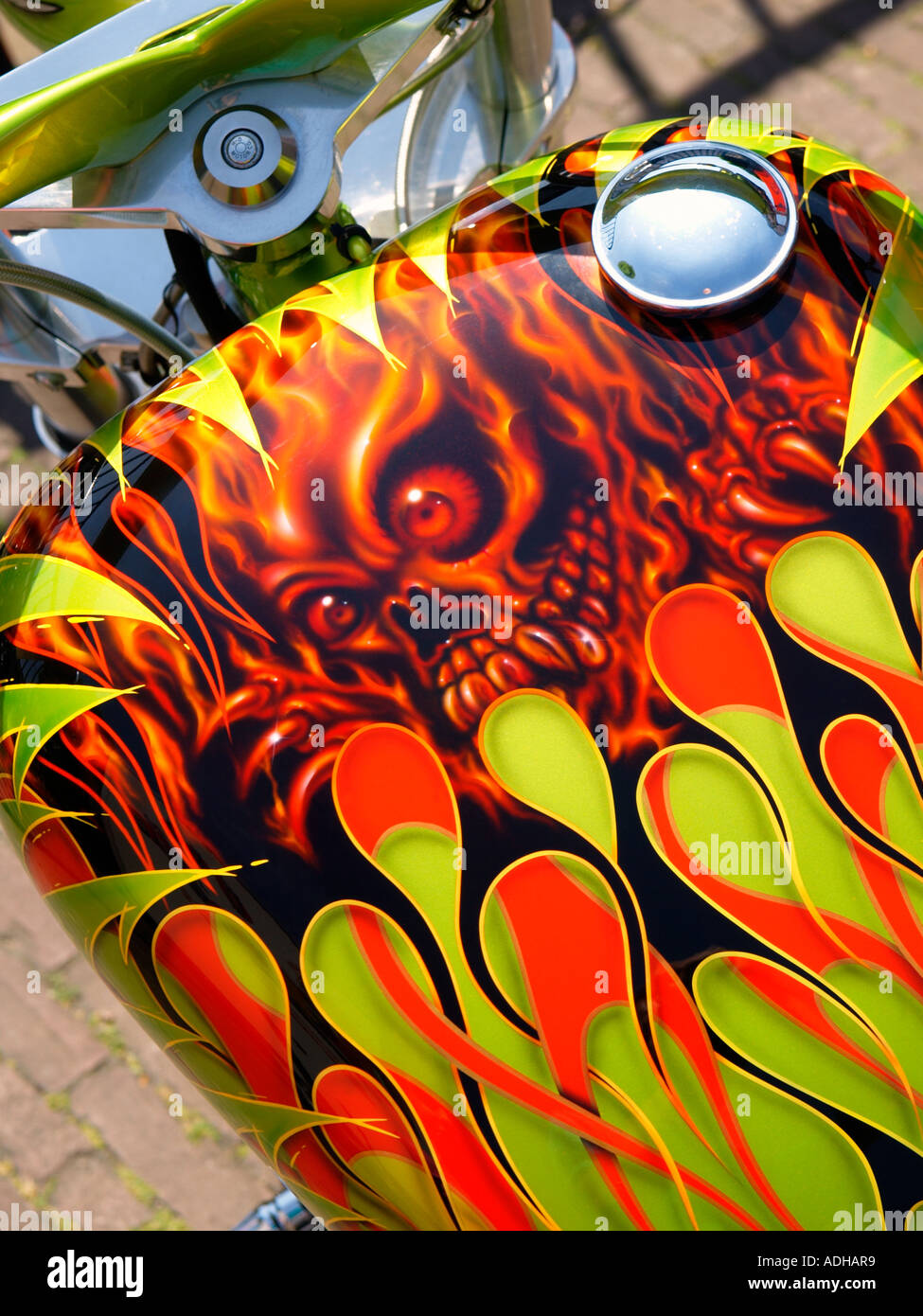 Gros plan du réservoir de carburant avec Harley Davidson airbrush spéciaux paintjob Breda Pays-Bas Banque D'Images