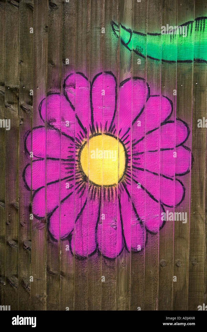 Fleur pourpre peint à la bombe sur une clôture de jardin en bois. UK Banque D'Images