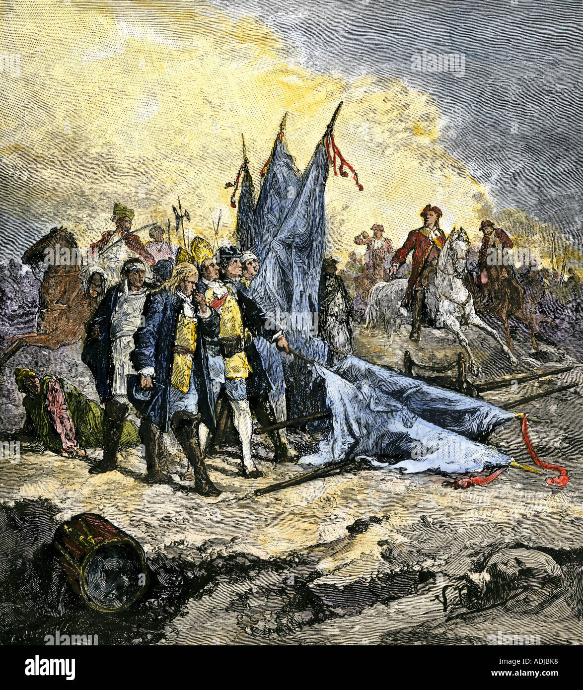 Pierre le grand commandement de l'armée russe contre les Suédois à la bataille de Poltava en 1709. À la main, gravure sur bois Banque D'Images