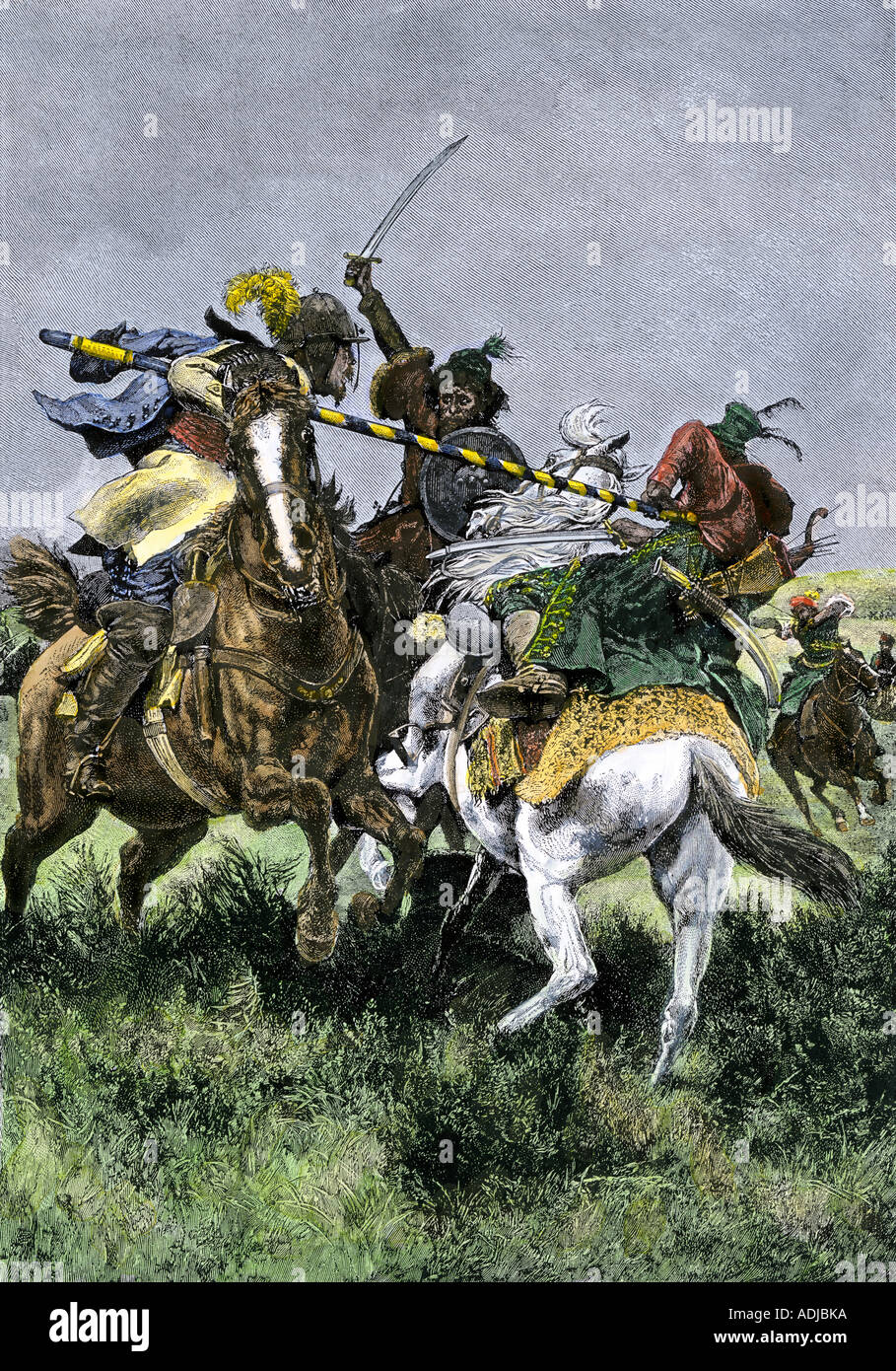 Escarmouche entre Russe et Suédois cavalerie à la bataille de Poltava en 1709. À la main, gravure sur bois Banque D'Images