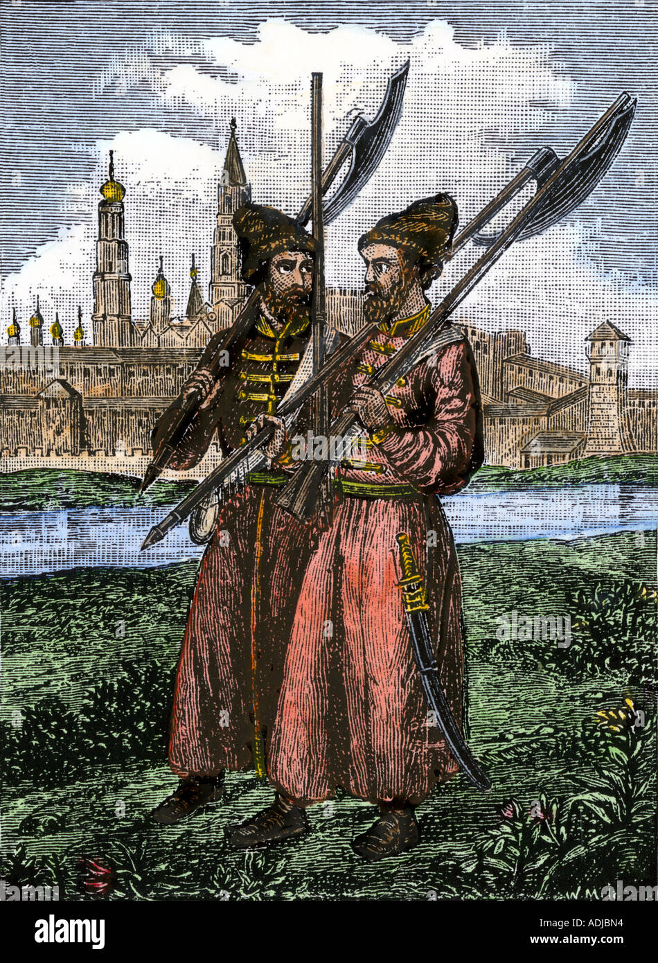 Fédération palace guards ou Streltsi de l'époque de Pierre le Grand 1600. À la main, gravure sur bois Banque D'Images