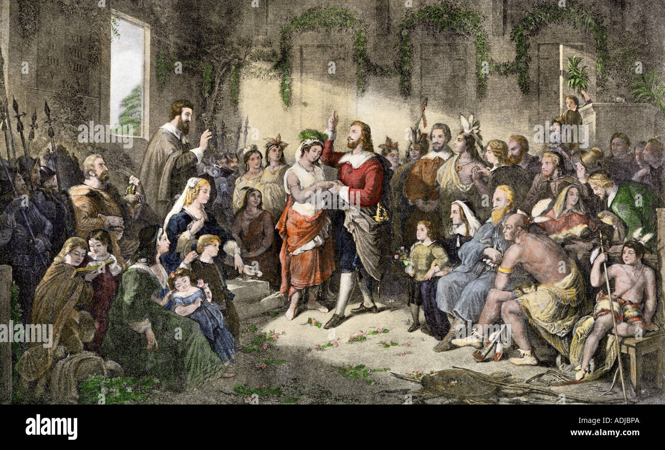 Mariage de princesse Powhatan Pocahontas à colon anglais John Rolfe Jamestown en Virginie. Demi-teinte à la main, d'un Henry Breucker illustration Banque D'Images
