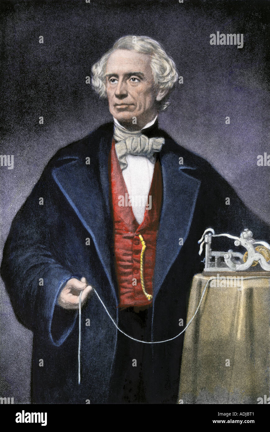 Samuel Morse avec son invention le télégraphe. La main, d'une illustration de demi-teinte Banque D'Images