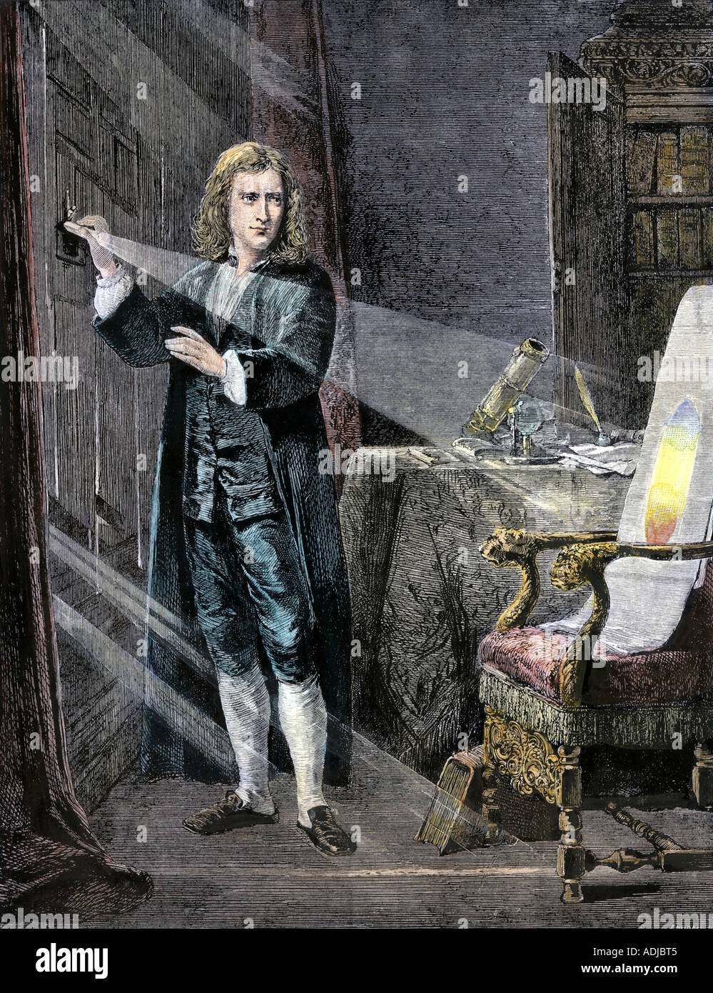 Sir Isaac Newton analyse les couleurs d'un rayon de lumière. À la main, gravure sur bois Banque D'Images