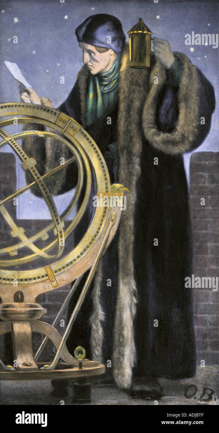 Nicolas Copernic qui étudient le ciel nocturne. Demi-teinte à la main, d'une illustration. La main, d'une illustration de demi-teinte Banque D'Images