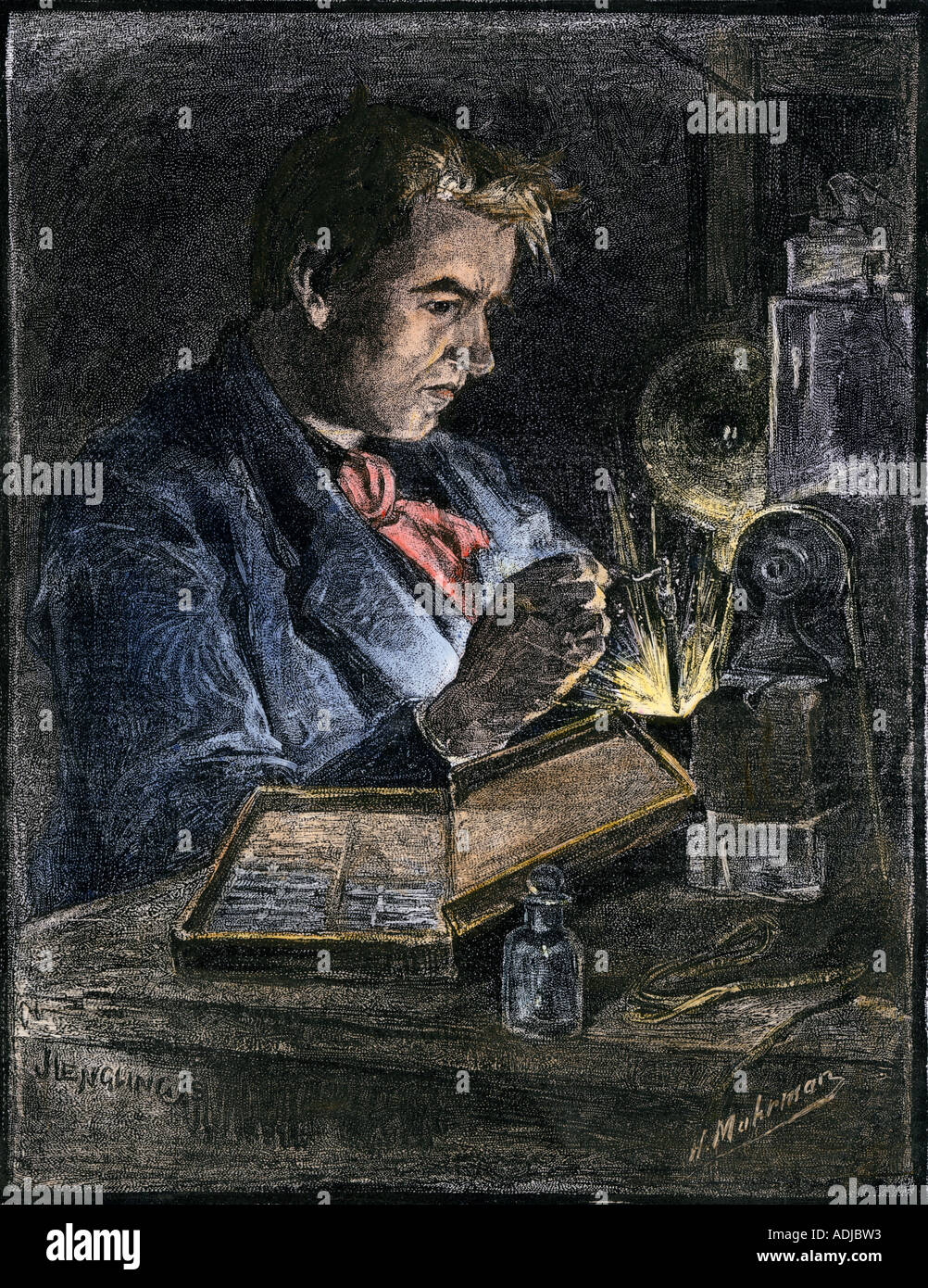 Thomas Edison dans son atelier 1870. À la main, gravure sur bois Banque D'Images