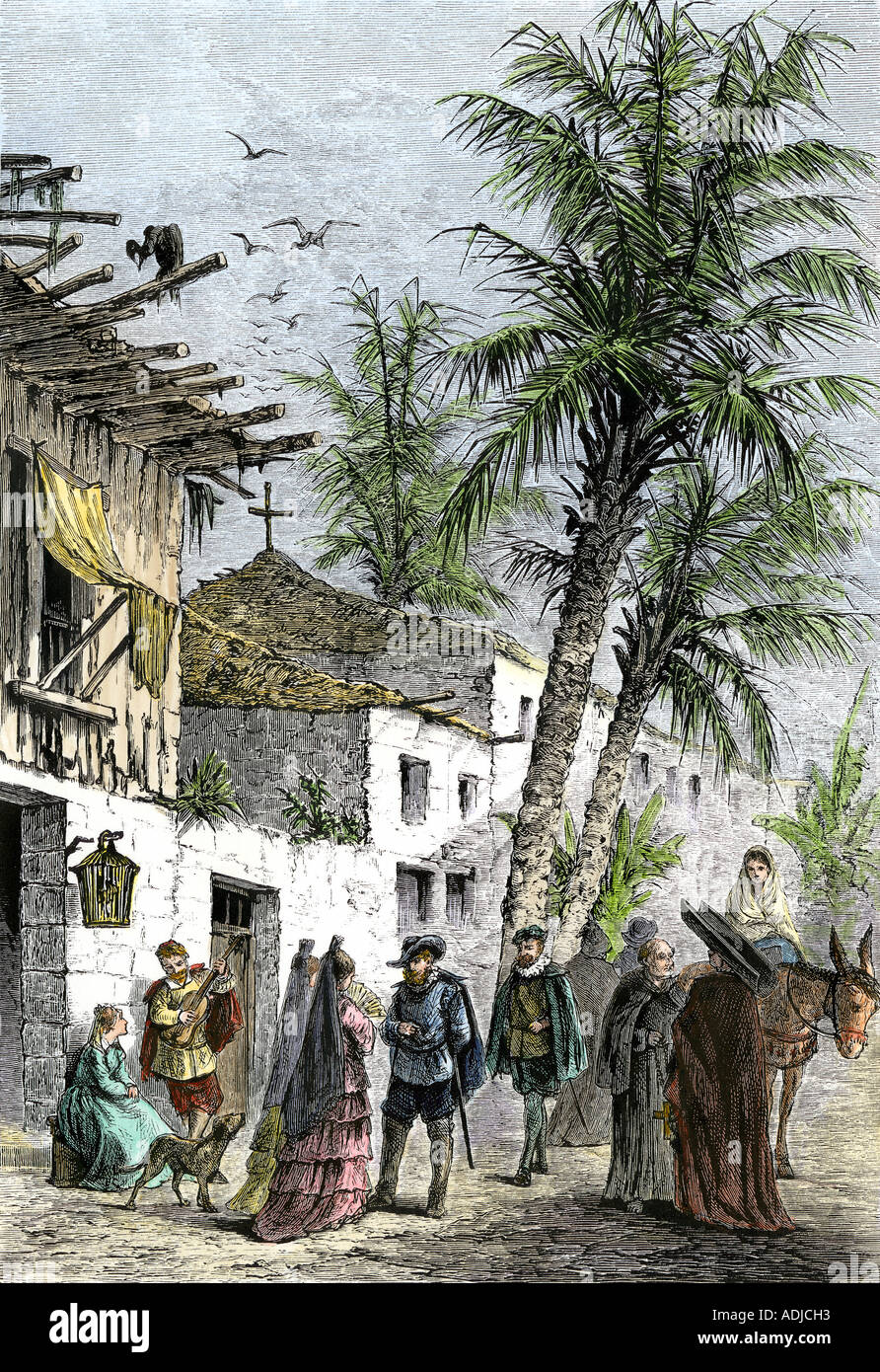 Scène de rue à Saint Augustine en Floride où une partie de la Nouvelle Espagne. À la main, gravure sur bois Banque D'Images