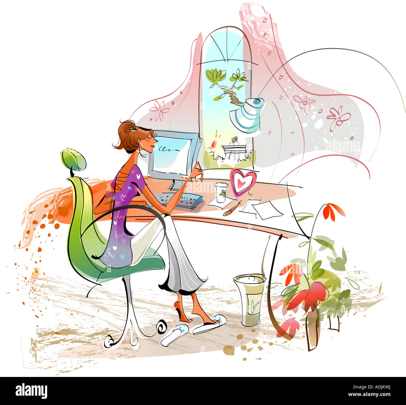 Portrait of a woman sitting in front of a computer Banque D'Images