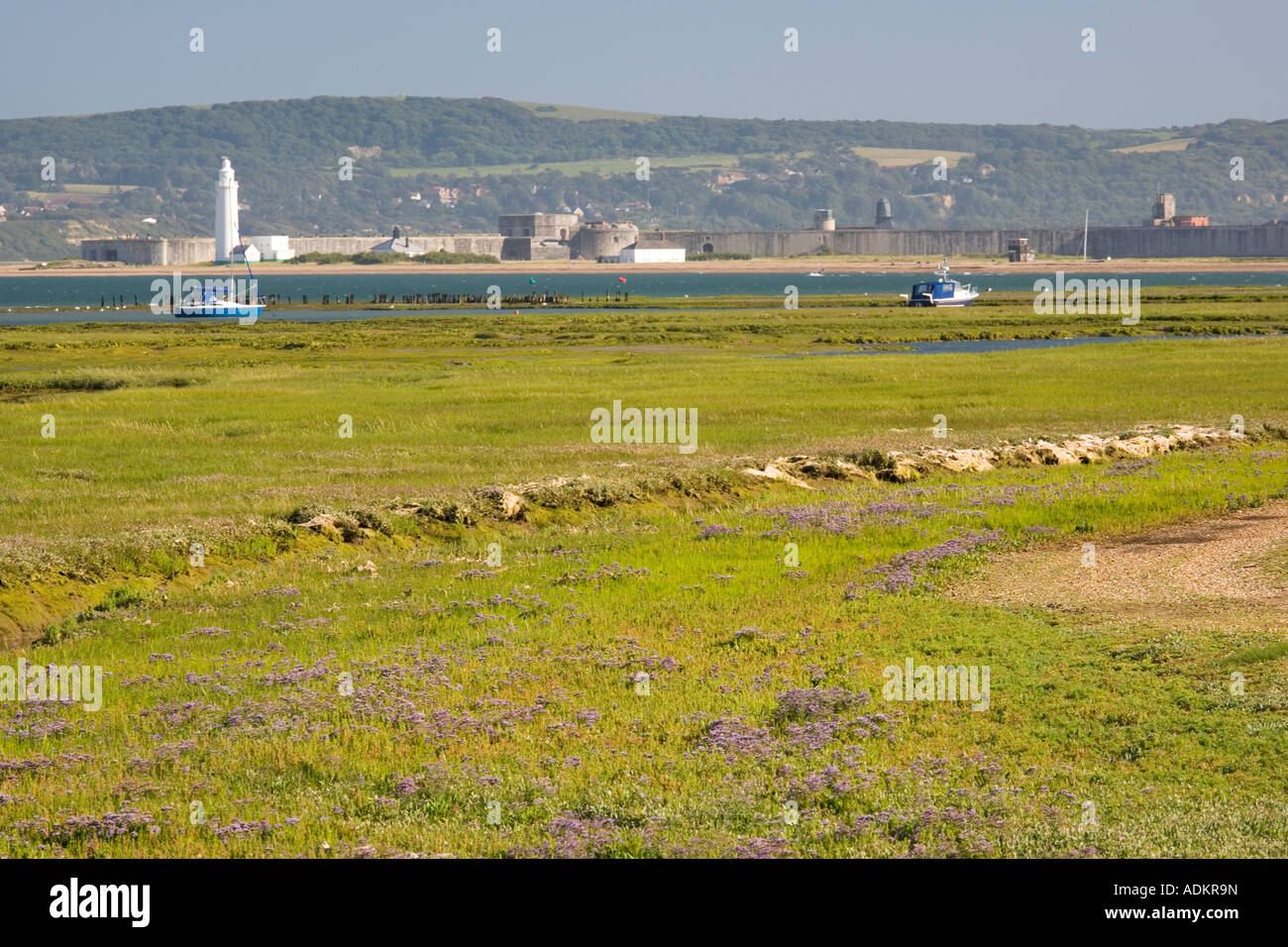 Château de Hurst et phare de Keyhaven Marais Banque D'Images