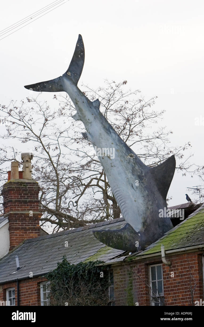 Rare Grand requin blanc étrange figure art whacky plongé sous toit de maison dans l'Oxfordshire rue de banlieue UK Banque D'Images