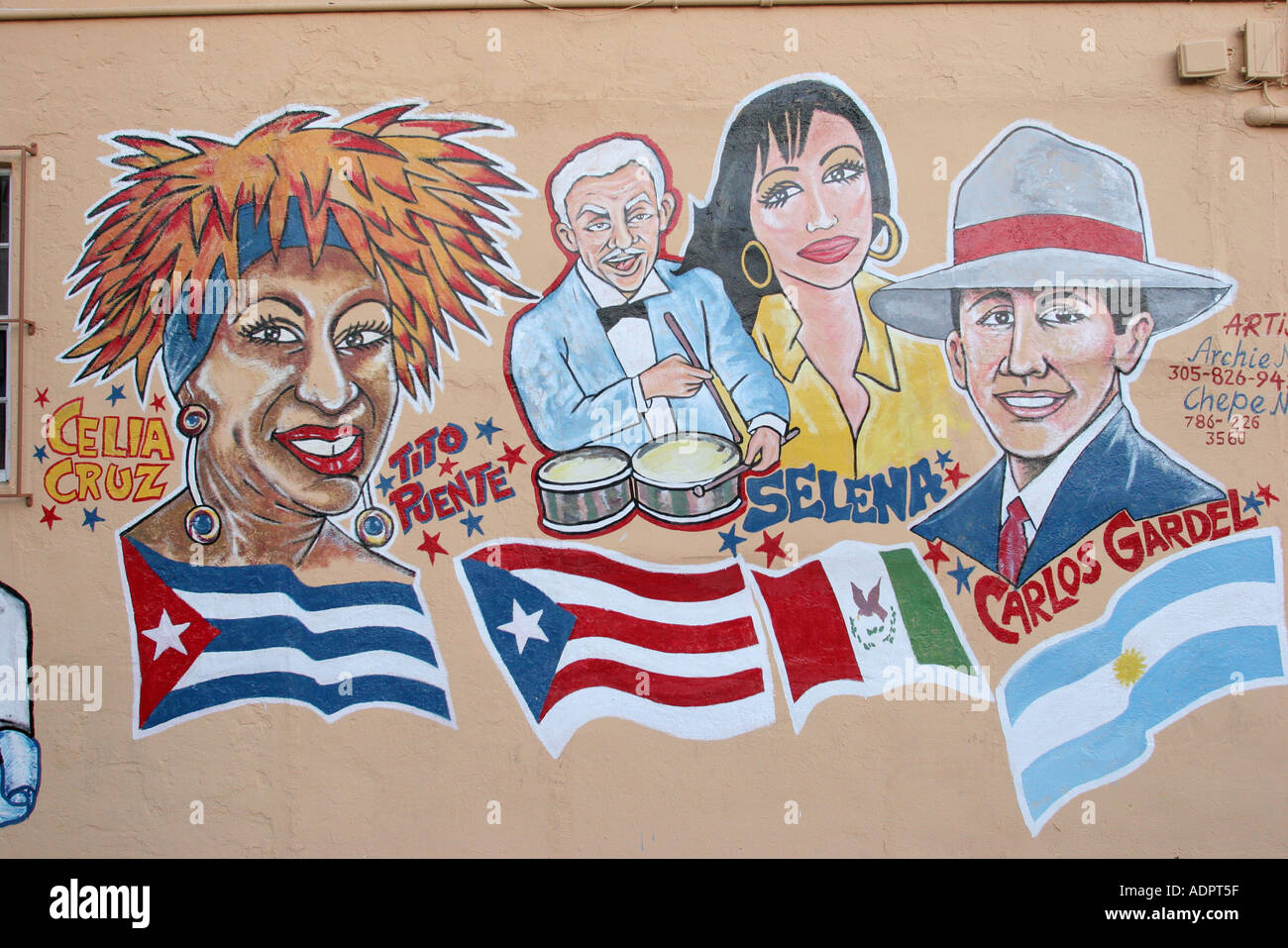 Miami Floride, Little Havana, Calle Ocho, murale, art public, icônes culturelles hispaniques, chanteur artiste, Celia Cruz Tito Puente Selena Carlos Gardel Banque D'Images