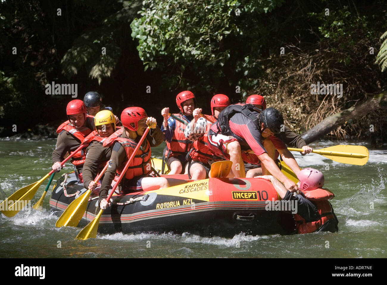 New Zealand North Island Rotorua white water rafting canotage sur la rivière Kaituna Okere Falls juste en dessous Banque D'Images