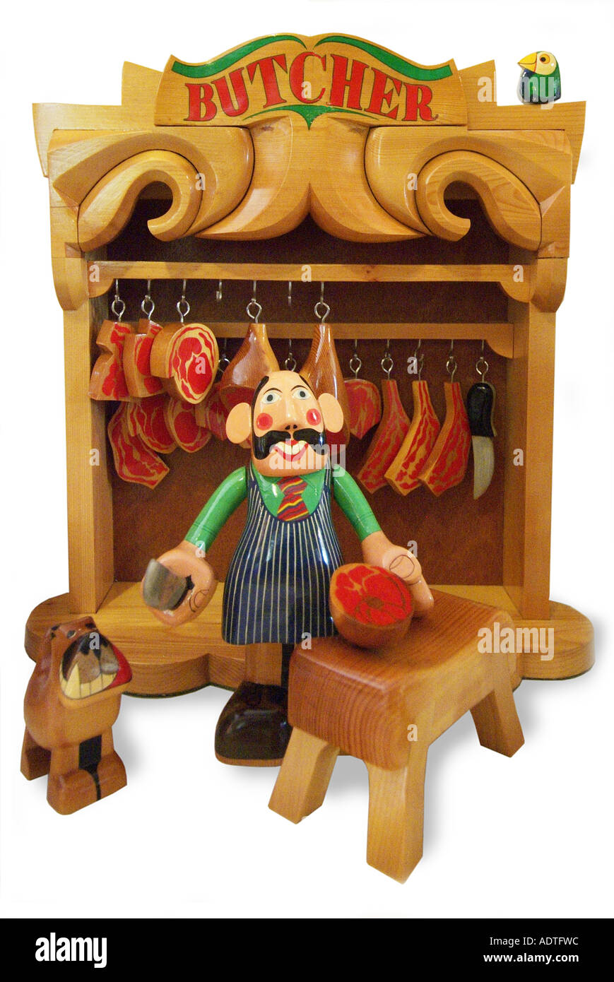 Jouet en bois bois boucherie chien viande cleaver du broyeur côté bloc jambe de boeuf jambon England UK Royaume-Uni GB Banque D'Images