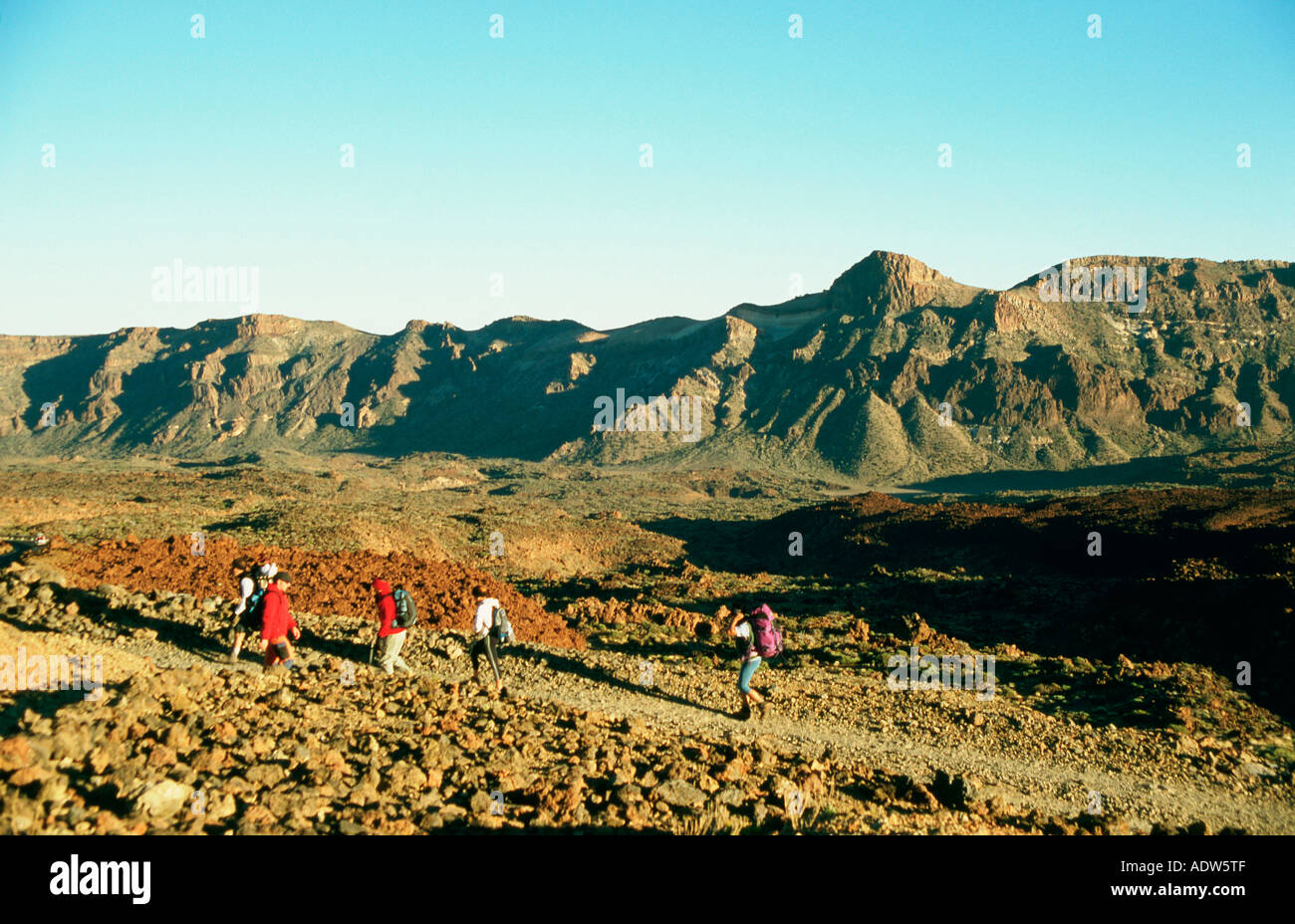 Les promeneurs sur les pentes couvertes de pierre ponce de Montana Blanca ci-dessous Mt Teide Parque Nacional del Teide Tenerife Banque D'Images