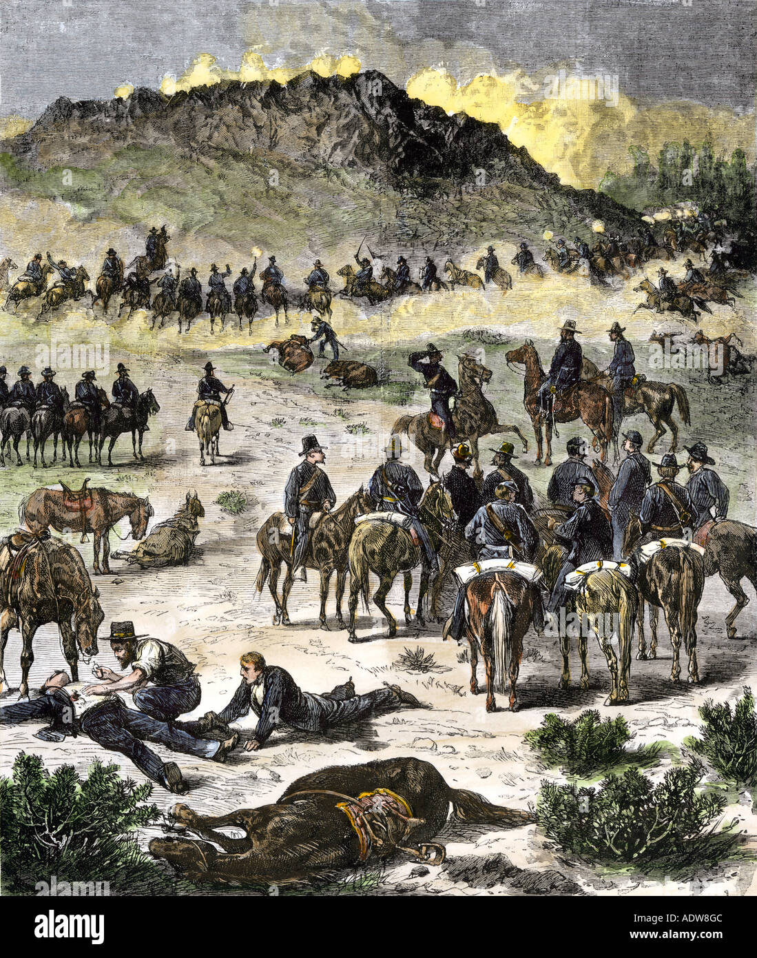 Bataille de Birch Creek pendant la guerre de l'est Nez Percé dans l'Oregon en 1878. À la main, gravure sur bois Banque D'Images