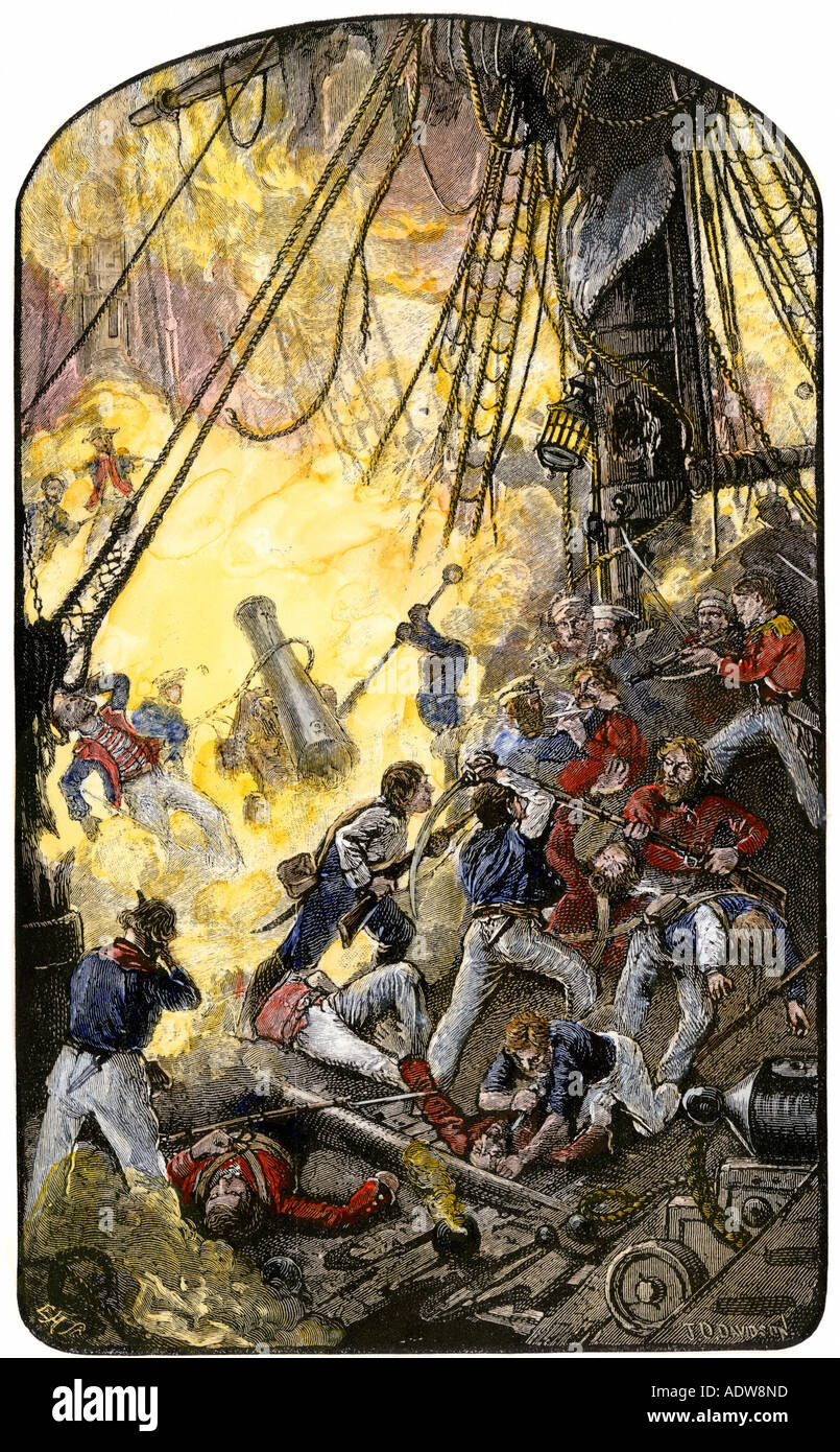 Lutte entre la mer corsaire américain Bonhomme Richard et les britanniques HMS Sérapis 1779. À la main, gravure sur bois Banque D'Images
