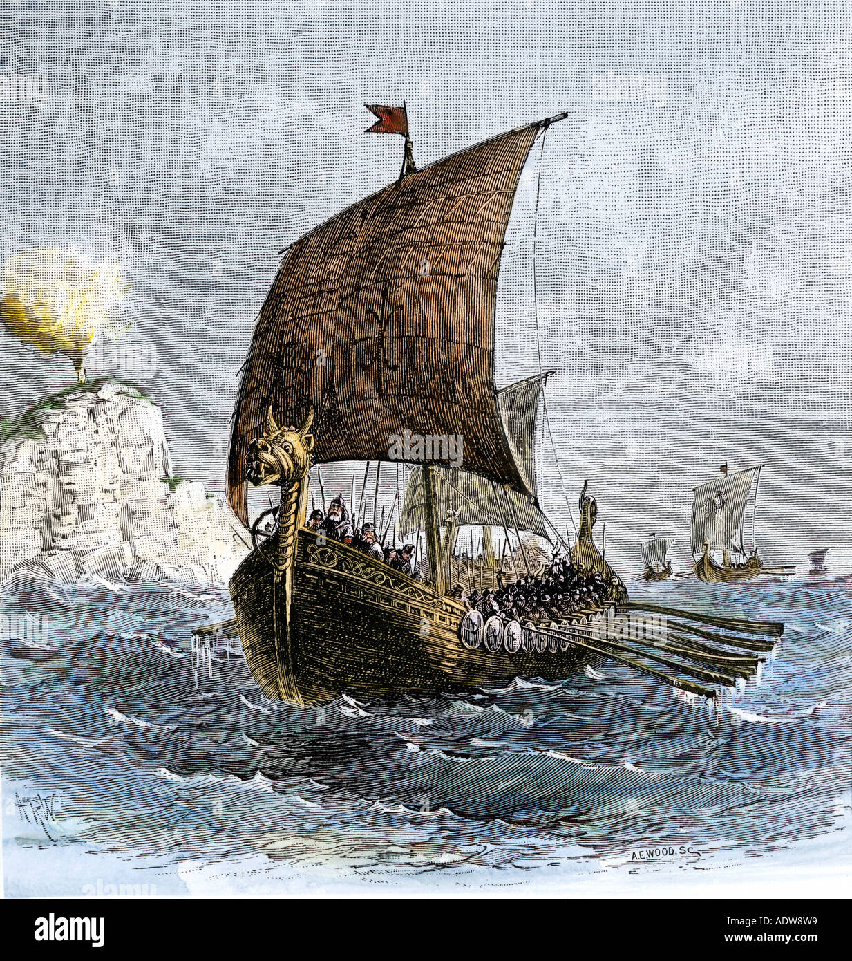 Bateau Viking danois Corbeau, en montrant la mer avirons et voiles. À la main, gravure sur bois Banque D'Images