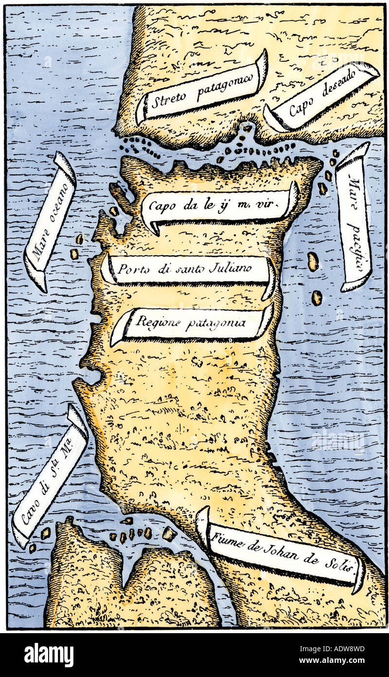 Première carte du détroit de Magellan Magellan's de circumnavigation de la terre en 1519 montrant le nord en bas. À la main, gravure sur bois par Pigafetta Banque D'Images