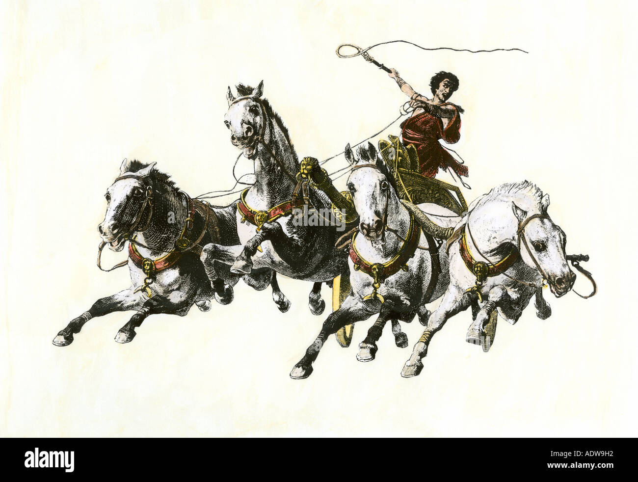 Char fouettant ses chevaux dans le Circus Maximus de Rome antique. À la main, gravure sur bois Banque D'Images