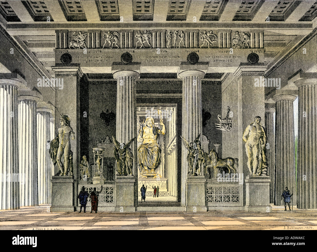 Intérieur du temple de Zeus à Olympie, Grèce antique. À la main, gravure sur bois Banque D'Images