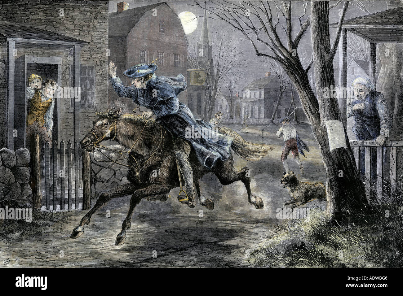 Paul Revere équitation à rouse Minutemen pour la bataille de Lexington le 19 avril 1775. À la main, gravure sur bois Banque D'Images