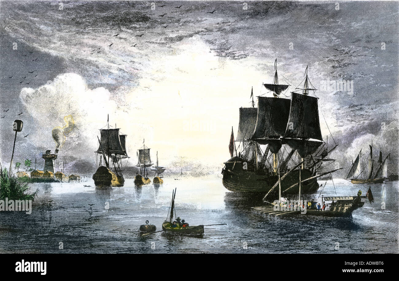 Les navires à l'embouchure de la rivière Mississippi, à la fin des années 1700. La gravure à la main, Banque D'Images