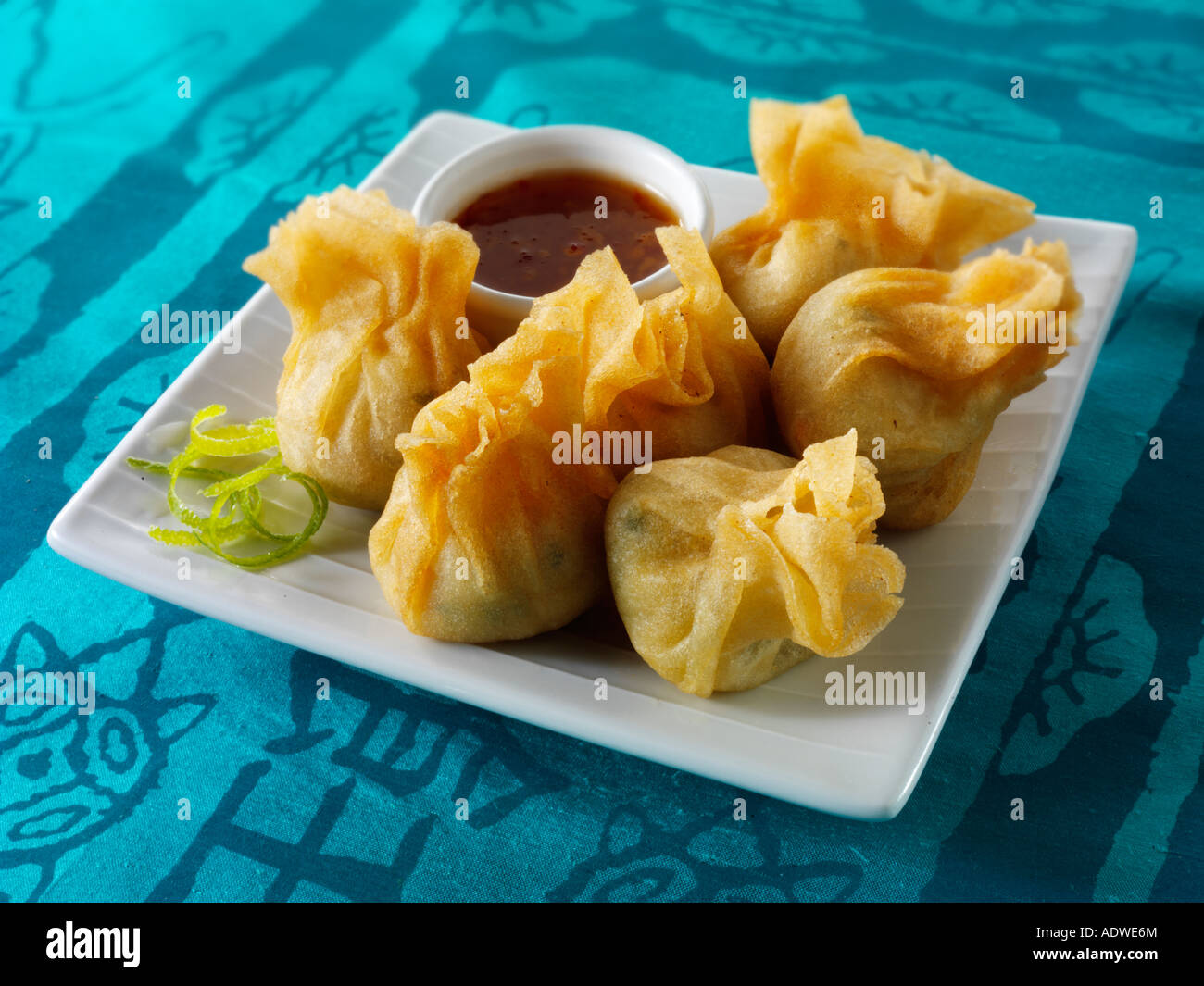 Dim sum oriental avec sauce hoisin trempée suggestion de service sur une assiette Banque D'Images