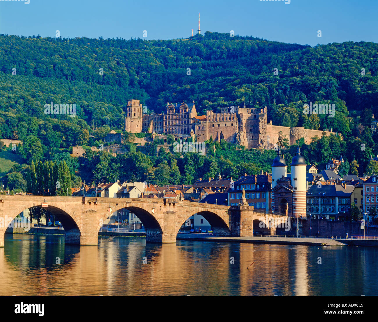 Heidelberg Allemagne le Neckar montrant pont et château Banque D'Images
