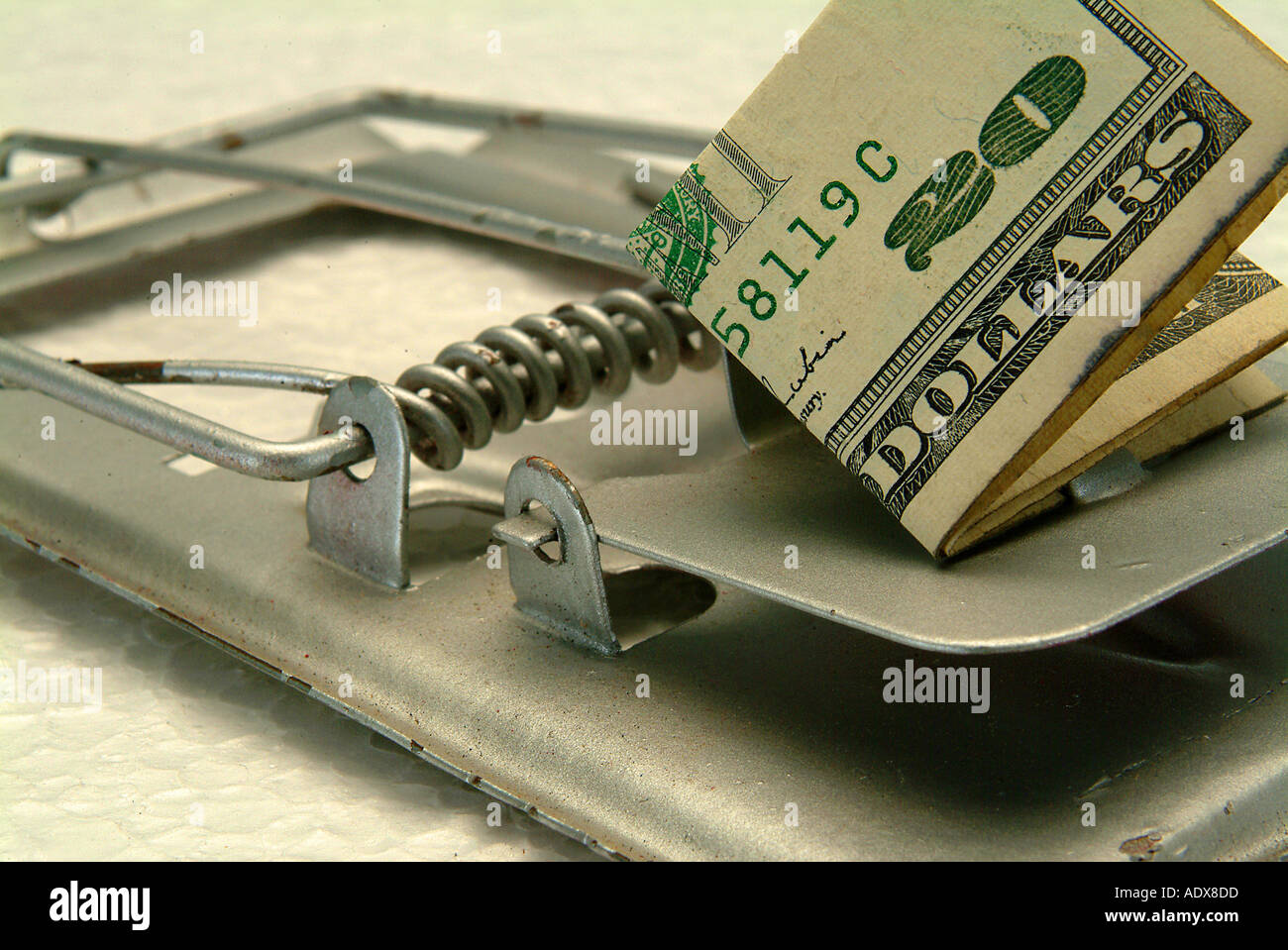 Business Concepts II metal metallic mousetrap piège appât lure leurre capture rat race bill dollar bank note vingt 20 détail de l'argent Banque D'Images