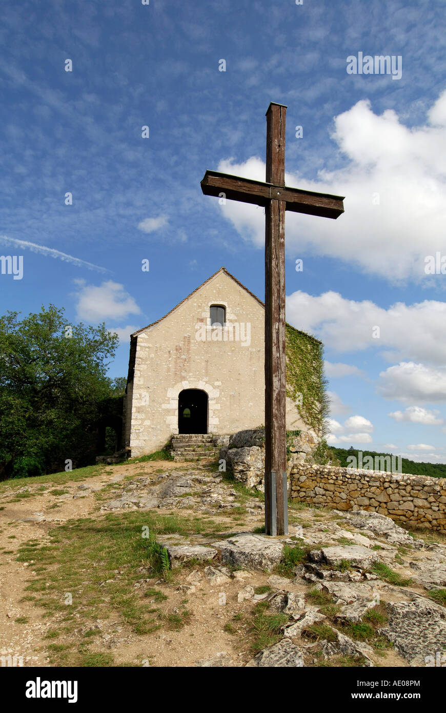 Chapelle rénovée donnant sur Angles-sur-l'Anglin (86260), Vienne, France. Banque D'Images