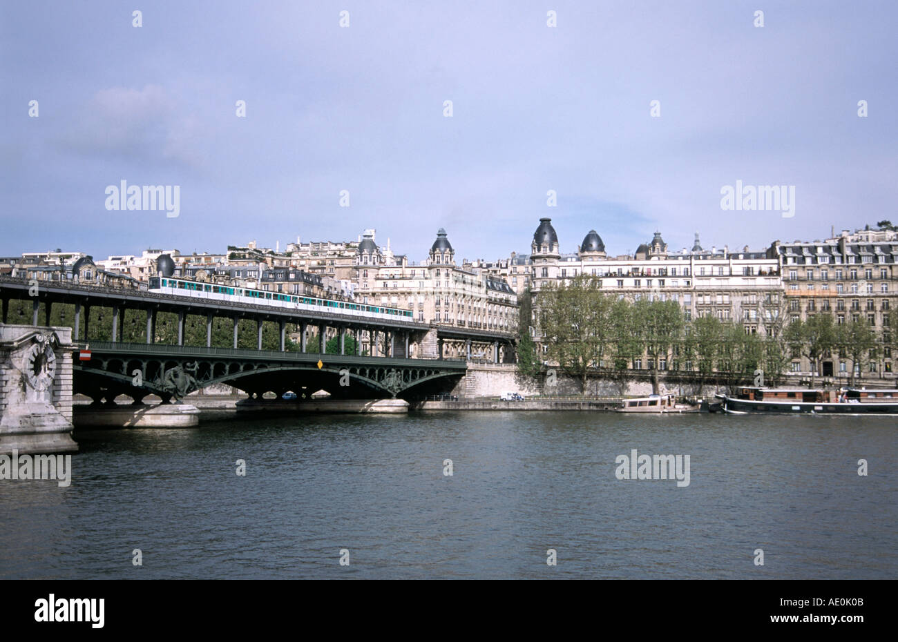 La ligne de train de métro de Paris a soulevé l'article traverse la Seine sur un pont près de Banque D'Images