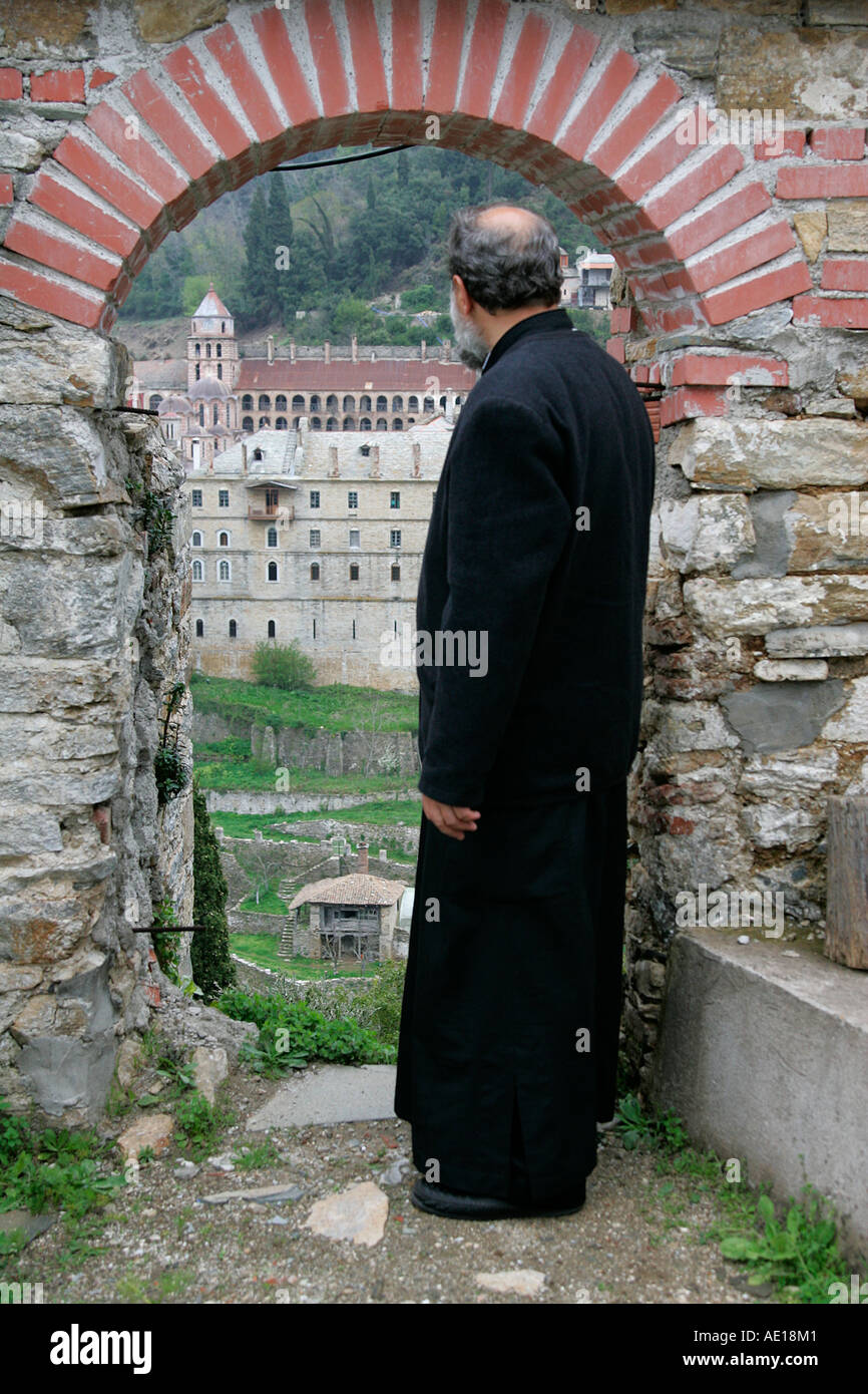 Le mont Athos Terre Sainte le Christianisme la religion orthodoxe patrimoine ancien moine-barbe blanche péninsule de Halkidiki voyage St George Banque D'Images